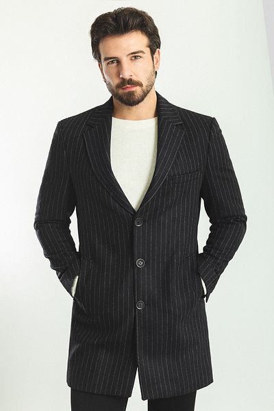 Mcr Striped Slim Fit Mono Collar Wool Men's Coat Black - 21263.22K