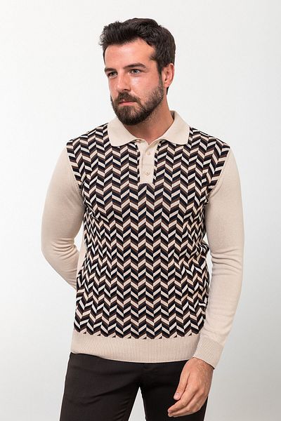 Mcr Patterned Slim Fit Polo Neck Men's Knitwear Sweater Beige - 11452.23K