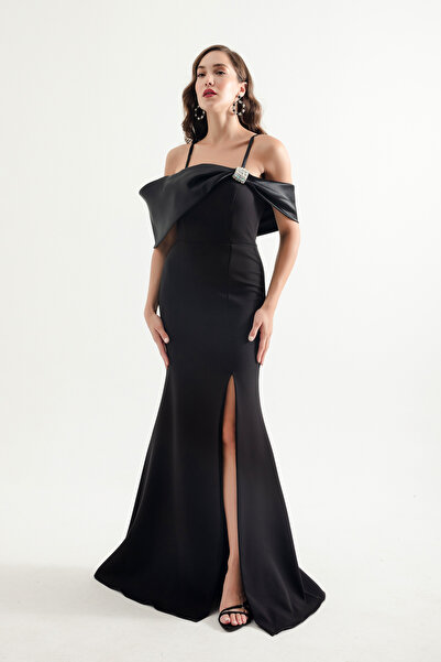 Lafaba Dámské večerní šaty z černého saténového kamene s dlouhým výstřihem