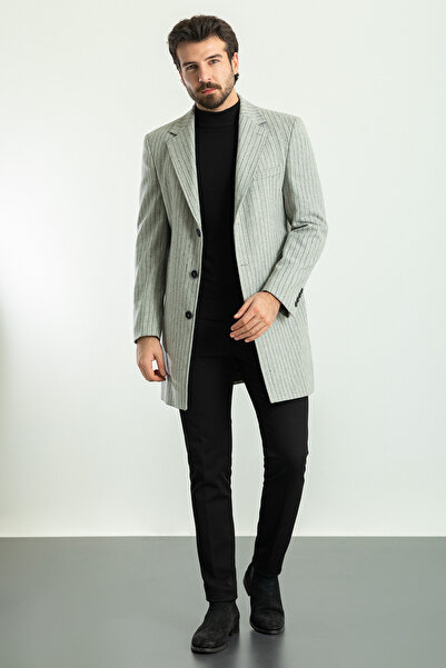 Mcr Palton pentru bărbați din lână, cu guler mono, cu dungi, în gri - 21263.22K