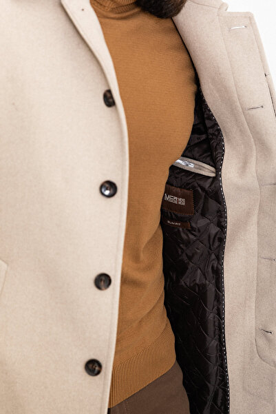 Mcr Plain Beige Slim Fit Shirt Collar Belted Stamped Men's Coat