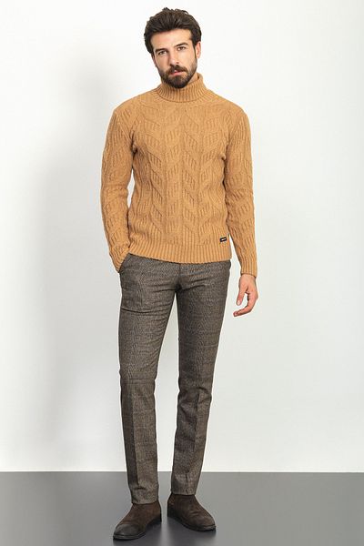 Mcr Braided Slim Fit Full Turtleneck Wool Men's Sweater Camel - 11350.21K