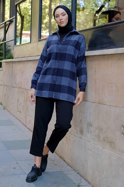 hafsamina Classic Lumberjack Shirt Navy Blue HM2272