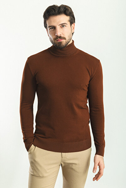 Mcr Düz Slim Fit Tam Balıkçı Yaka Erkek Kazak Kiremit - 11412.22K