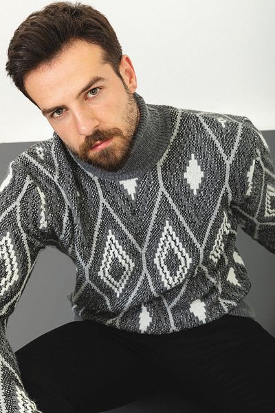Mcr Patterned Slim Fit Full Turtleneck Wool Men's Sweater Anthracite - 11406.22K