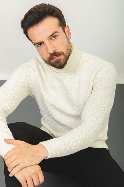 Mcr Patterned Slim Fit Full Turtleneck Wool Men's Sweater Ecru - 11400.22K