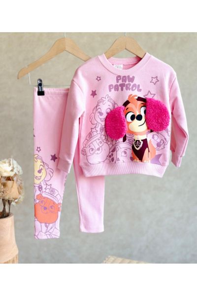 Uğur bebe Girl's Pink Color Paw Patrol Print Applique Eared Bottom Top Tracksuit Set