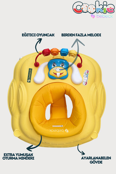 Bebeck Cookie Ayarlanabilen Müzikli Yumuşak Pedli Lüks Yürüteç