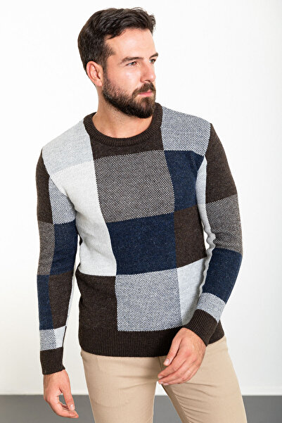 Mcr Частково облягаючий светр з вовняної трикотажної тканини з велосипедним коміром для чоловіків, кавовий колір - 11462.23K