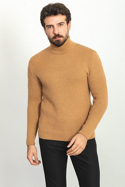 Mcr Patterned Slim Fit Full Turtleneck Wool Men's Sweater Camel - 11404.22K
