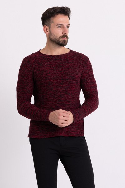 Mcr Kırçıllı Bordo Renk Slim Fit Uzun Kollu Geniş Bisiklet Yaka Erkek Kazak