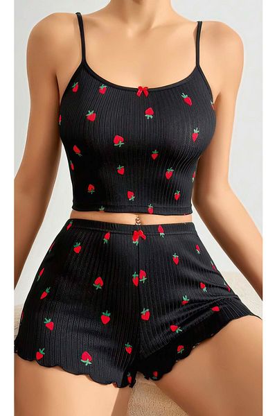 Mishka Women's Strawberry Print Black Shorts Pajamas Set