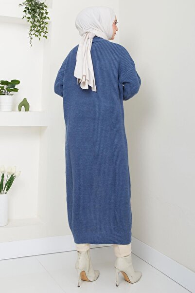 hafsamina Πλεκτή ζακέτα με γιακά σάλι Indigo HM2534