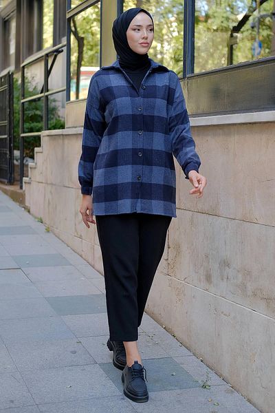 hafsamina Classic Lumberjack Shirt Navy Blue HM2272