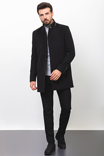 Mcr Plain Black Color Slim Fit Judge Collar Wool Men's Coat