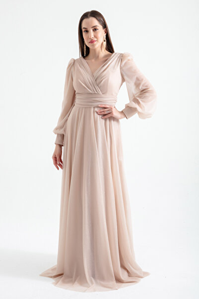 Lafaba Női bézs V-nyakú, csillogó, hosszú estélyi ruha