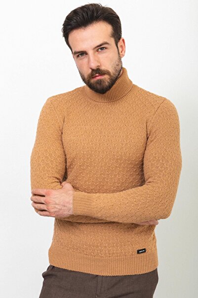 Mcr Ανδρικό πουλόβερ με σχέδια Slim Fit Full Turtleneck Wool Camel - 11400.22K