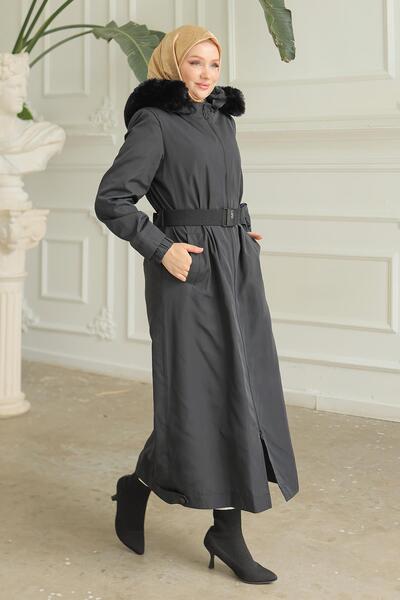 Armine TREND ARMİNE TREND Şapkası Kürklü Beli Kemerli Kap Siyah 23KT733