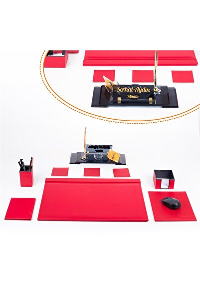 Ofistike Elegans Ofis Deri Kırmızı Sümen Takımı Kristal Masa Isimliği