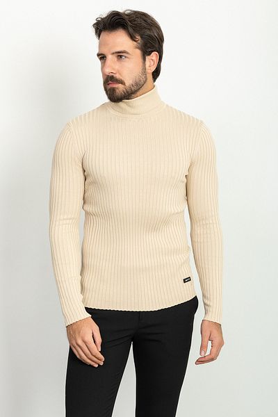 Mcr Striped Slim Fit Full Turtleneck Men's Sweater Beige - 11418.22K