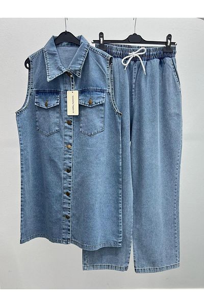 ALLMİRA FASHION Snow Blue Hijab Double Set - Denim Vest and Trousers