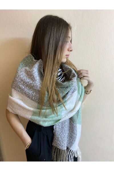 sema aksesuar Γυναικείο Φουλάρι Χειμερινό Ανοιχτό Πράσινο Κρεμ καρό σάλι - Δώρο