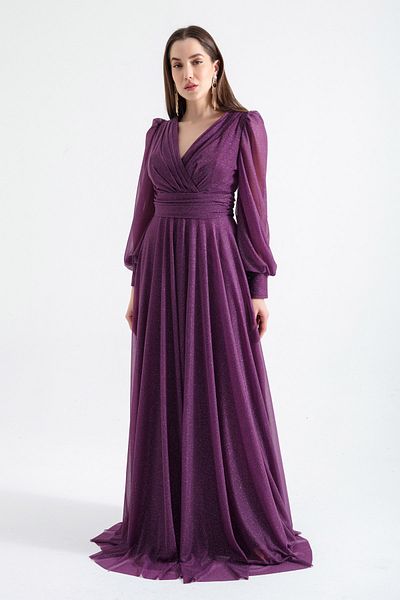 Lafaba Langes, glitzerndes Abendkleid mit V-Ausschnitt in Pflaume für Damen
