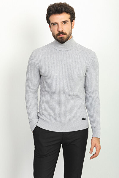 Mcr Dokulu Slim Fit Tam Balıkçı Yaka Erkek Kazak Açık Gri - 11338.20K