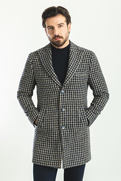 Mcr Desenli Slim Fit Geniş Yaka Yün Erkek Kaban Lacivert - 21250.22K