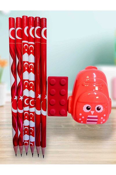 sevgi kırtasiye Fatih 6-Piece Pencil Set Legos with Eraser Gift Crescent and Star Turkish Flag