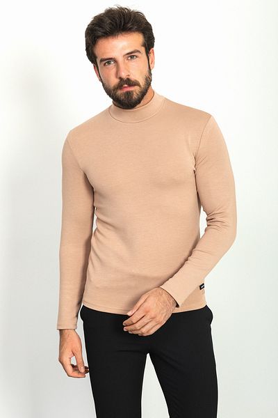 Mcr Plain Slim Fit Half Turtleneck Long Sleeve Men's T-Shirt Beige - 36761.22K