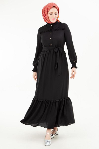 Armine TREND Rochie creponată neagră - 24yt909 cu detaliu cu volane și căptușeală interioară
