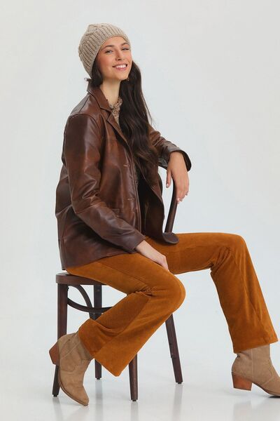 Clandestino Brown Faux Leather, Classic Collar Jacket