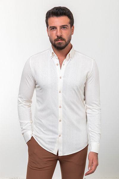 Mcr Patterned Slim Fit Long Sleeve Cotton Men's Shirt Ecru - 37811.23K