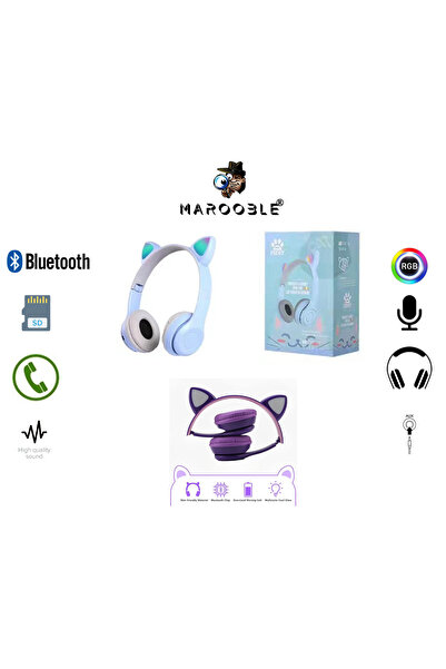 Marooble KEDİ KULAKLIK RGB ÇOCUK İCİN KABLOSUZ BLUETOOTH KULAKLIK KEDİ DESENL...