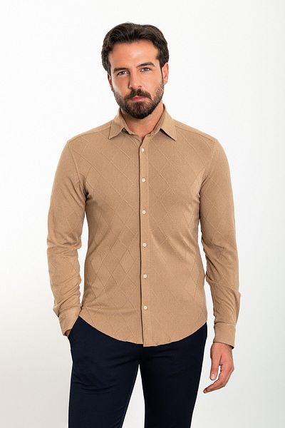 Mcr Patterned Slim Fit Men's Shirt Camel - 37839.23K