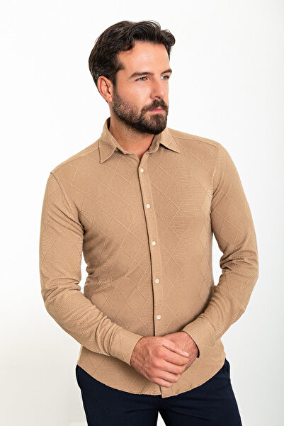 Mcr Ανδρικό πουκάμισο με σχέδια Slim Fit Camel - 37839.23K