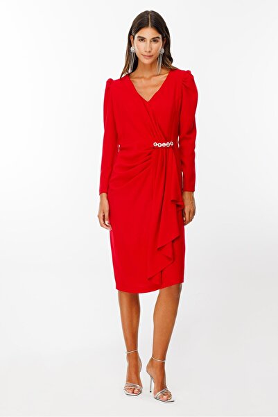 Moda İlgi Modailgi  Kruvaze Volan Detaylı Elbise Kırmızı