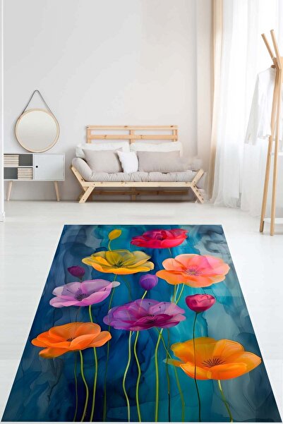 on the clouds Renkli Floral Çiçekli Suluboya Efekt Zeminli Yıkanabilir Kaymaz...