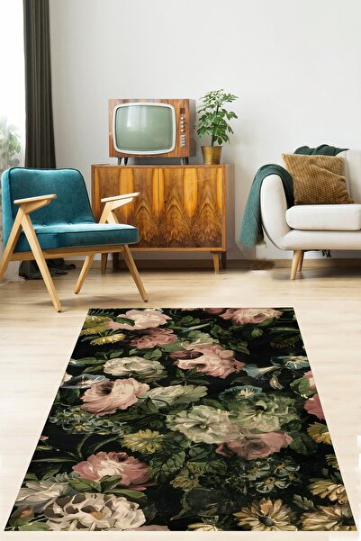 on the clouds Vintage Eskitme Güllü Çiçekli Nostaljik Yıkanabilir Kaymaz Taban Leke Tutmaz Salon Halısı Yoluk