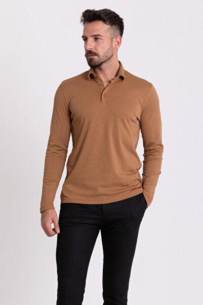 Mcr Ανδρικό μακρυμάνικο μπλουζάκι με λαιμόκοψη πόλο, μονόχρωμο καμηλό - 36672.21K