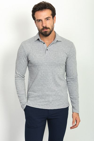Mcr Ανδρικό μπλουζάκι με μοτίβο Slim Fit Polo μακρυμάνικο γκρι - 36758.22k