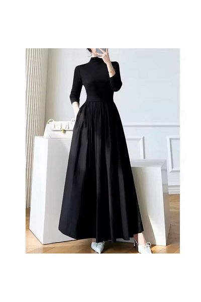 Styling Park Casual Style Pocket Half-Neck Long Sleeve Long Dress