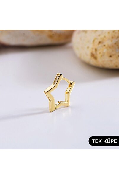 GOLDKUPE 14 Ayar Yıldız Taşlı Tek Halka Altın Küpe 0,70 gr