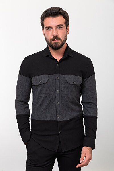 Mcr قميص رجالي قطني بأكمام طويلة وقصة ضيقة جزئيًا أسود-أنثراسيت - 37810.23k