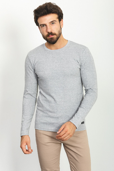 Mcr Patterned Slim Fit Crew Neck Long Sleeve Men's T-Shirt Light Gray - 36756...