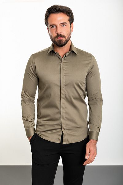 Mcr Straight Slim Fit Polycort Collar Classic Men's Shirt Khaki - 37445.21K