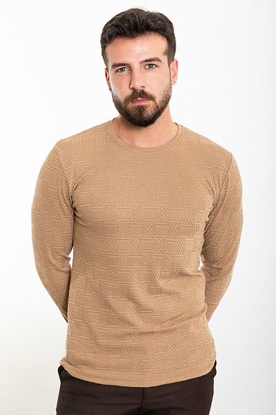 Mcr Patterned Slim Fit Crew Neck Long Sleeve Men's T-Shirt Beige - 36803.23K
