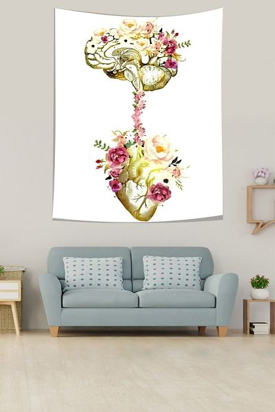 on the clouds Stain-Proof Fabric Heart and Brain Laced Tapestry