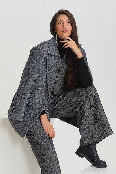 Clandestino Gray Herringbone Patterned Stylish Women's Set